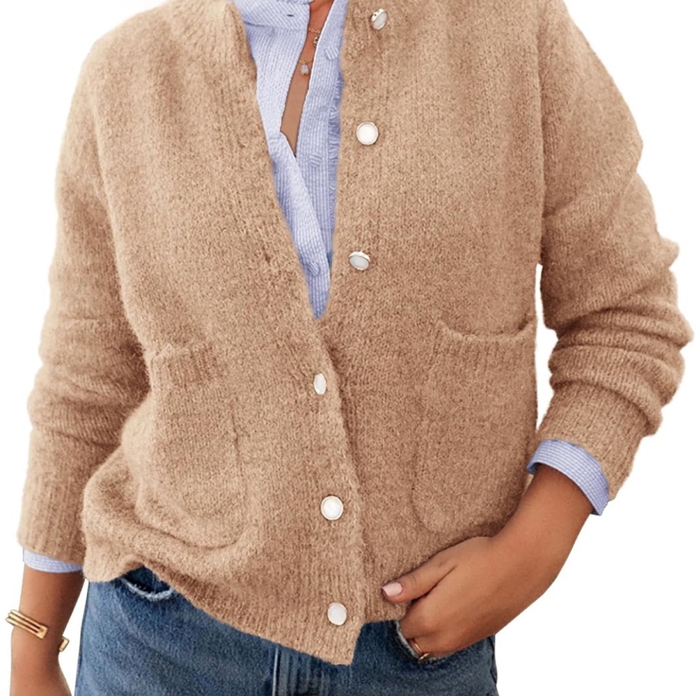 Cozy Tan Cardigan with Pockets Knit Boucle Sweaters Casual Button